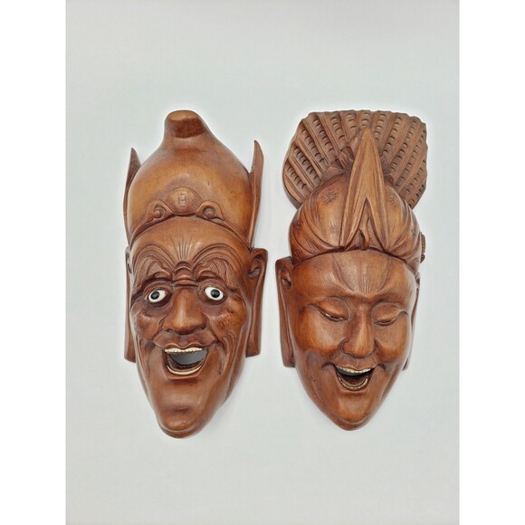 Pair Of Vintage Chinese Hand Carved Rosewood Mask Wall Hangings Mid Century 11
